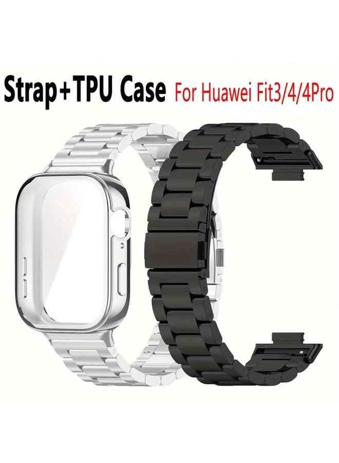 سوار ساعة Huawei Fit 4 Pro من الفولاذ المقاوم للصدأ الفضي مع حزام هجين من TPU وغطاء واقي - Image 1